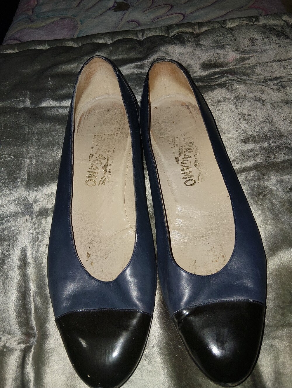 Salvatore Ferragamo Navy and Black Leather Cap-Toe Flats